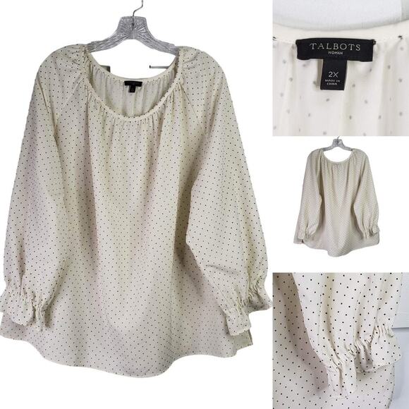 Talbots Tops - Talbots Blouse Women's Plus 2X Cream Black Polka Dot Semi Sheer LS Top Church
